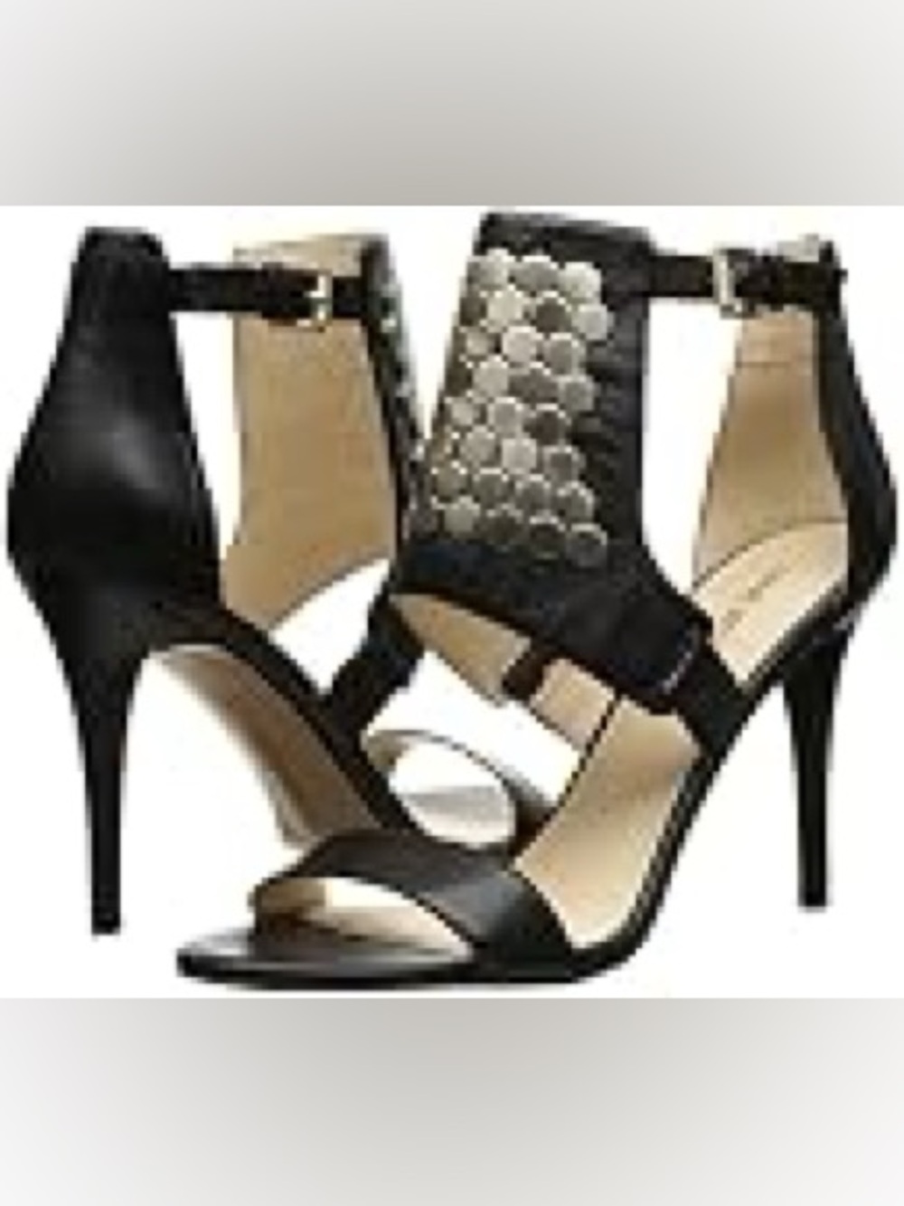 Nine West Black Dawnonme Heels Leather Silver Stud Stiletto Sandals SIZE 7.5 M